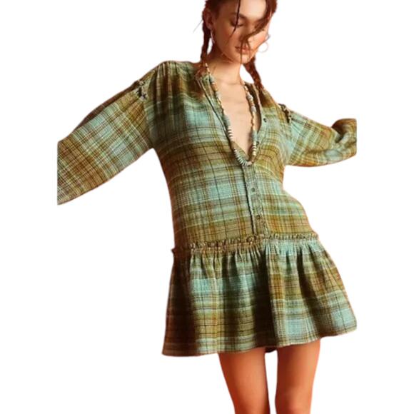 Free People Dresses & Skirts - Free People Alexa Plaid Mini Dress Green Cotton Tiered Peasant Style Size XS